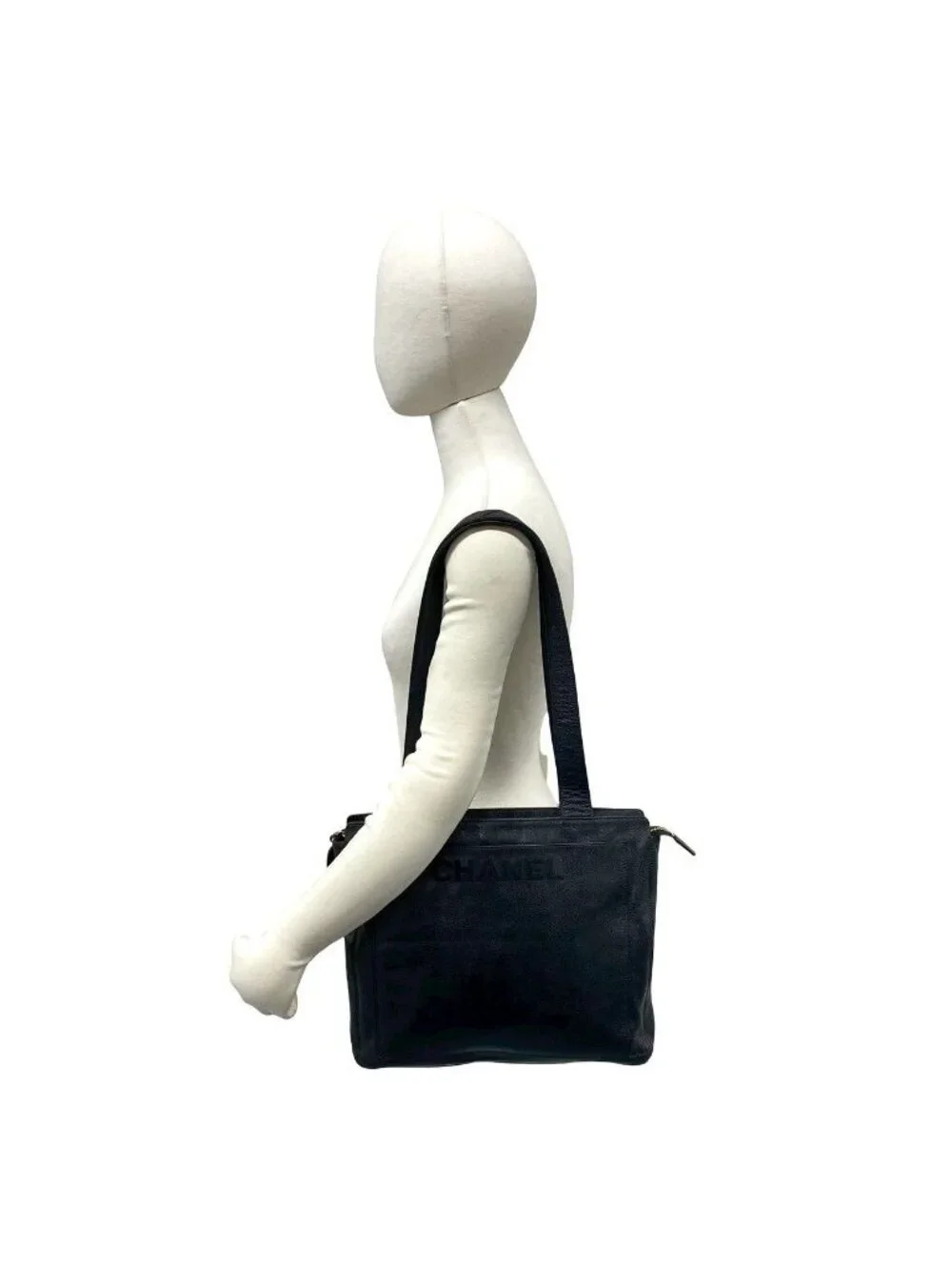 Chanel Logo Caviar Leather Tote Shoulder Bag Black